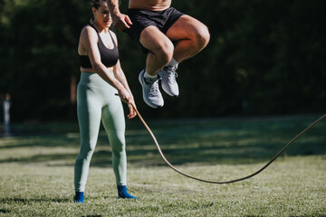 Athletic man jumping rope with a personal trainer in the park. Outdoor exercise and fitness training in a sunny, natural environment.