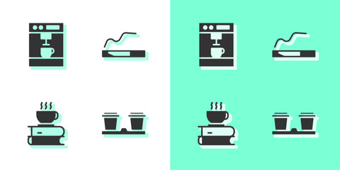 Set Coffee cup to go, machine, and book and Cigarette icon. Vector