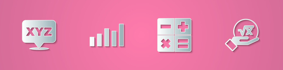 Obraz premium Set paper cut XYZ Coordinate system, Graph, schedule, chart, diagram, Calculator and Square root of x glyph icon. Paper art style. Vector