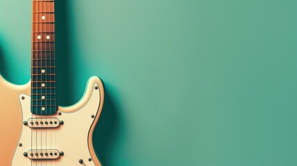 Close-up of electric guitar on teal background with vibrant colors.