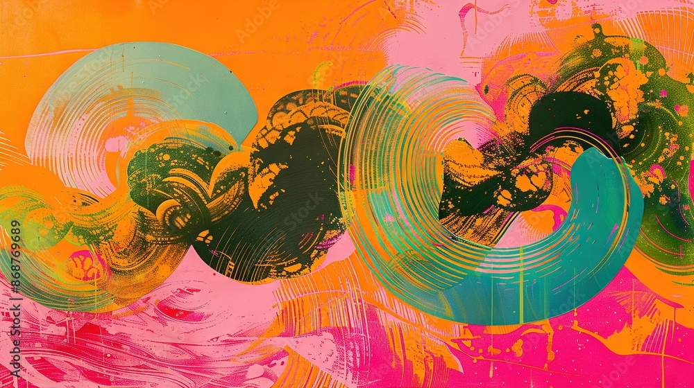 Aufkleber   An abstract artwork featuring a range of hues on a bluish background with twirling patterns and dots