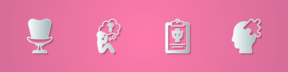 Set paper cut Armchair, Head with question mark, Psychology, Psi and Solution to the problem icon. Paper art style. Vector