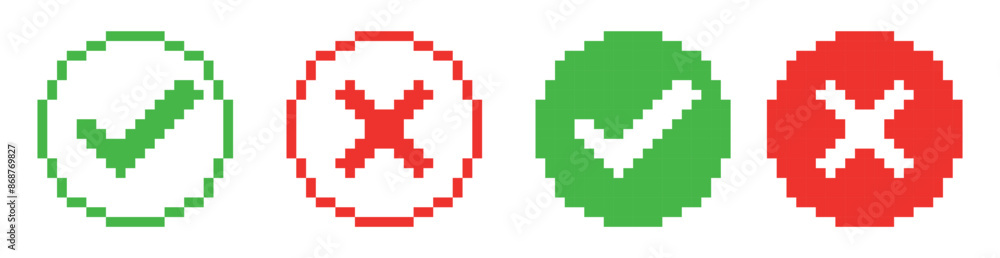 Aufkleber check mark icon button set in flat pixel art style. check box icon with right and wrong buttons and yes or no checkmark icons in green tick box and red cross. vector illustration