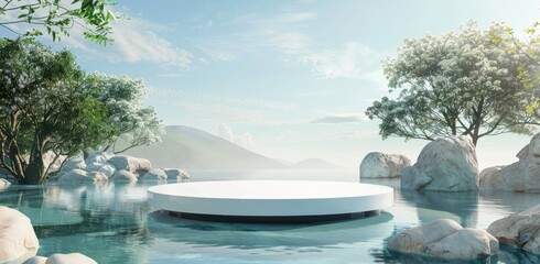 A circular platform rests on a serene pond, surrounded by rocks and trees, against a backdrop of mountains