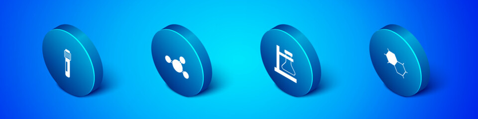 Set Isometric Test tube, flask on stand, Chemical formula and Molecule icon. Vector