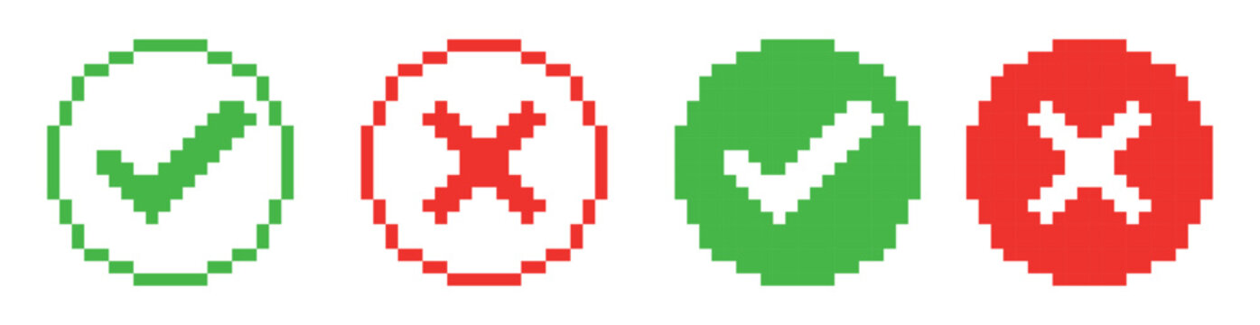 check mark icon button set in flat pixel art style. check box icon with right and wrong buttons and yes or no checkmark icons in green tick box and red cross. vector illustration