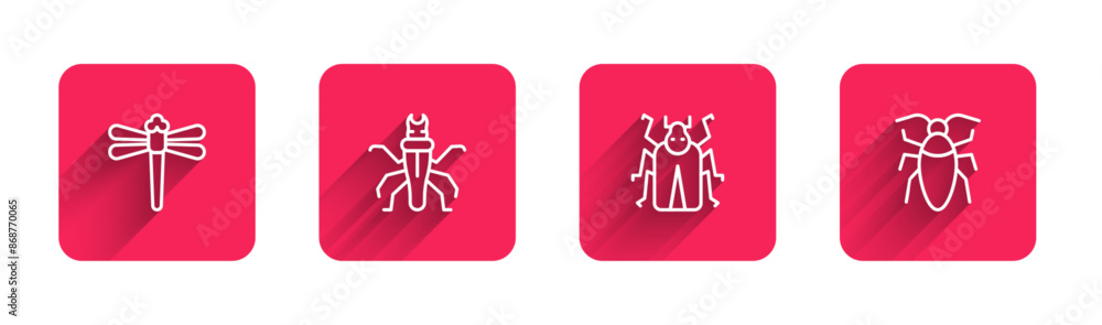 Poster set line dragonfly, termite, beetle bug and cockroach with long shadow. red square button. vector