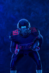 American football player banner on red neon background. Template for bookmaker ads with copy space....