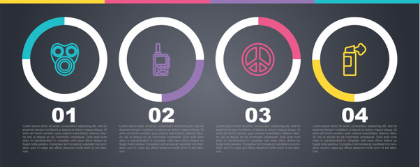 Set line Gas mask, Walkie talkie, Peace and Pepper spray. Business infographic template. Vector