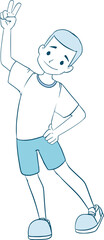 Positive little boy with peace gesture line illustration