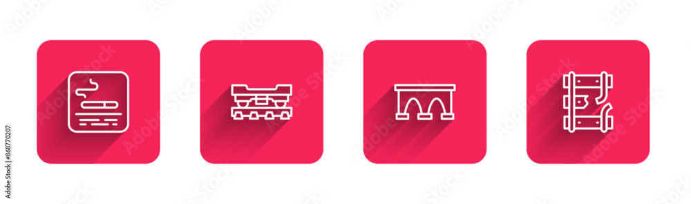 Poster set line smoking area, cargo train wagon, bridge for and broken rails railway with long shadow. red 