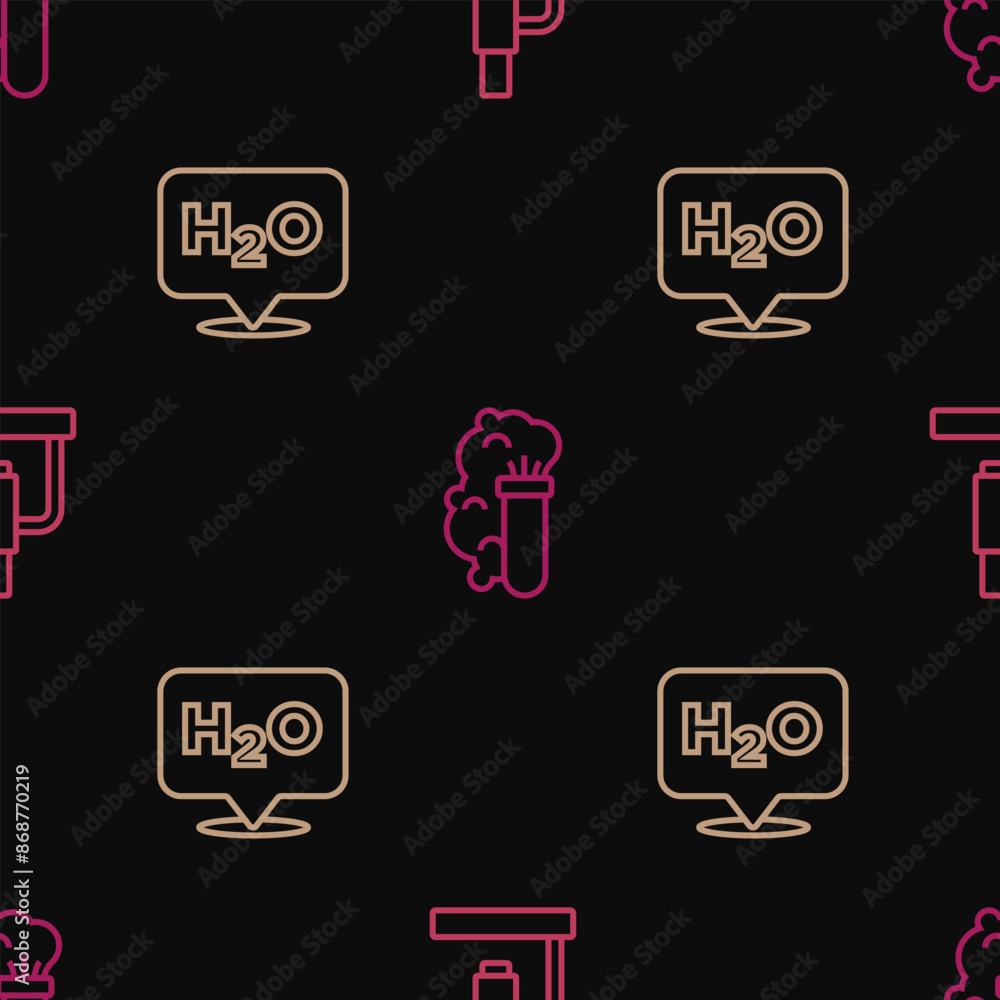 Poster set line microscope, chemical formula for h2o and explosion on seamless pattern. vector
