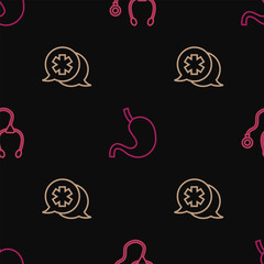 Set line Stethoscope, Dialogue with the doctor and Human stomach on seamless pattern. Vector