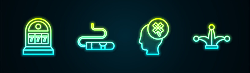 Set line Slot machine with jackpot, Cigar, Casino slot clover and Joker playing card. Glowing neon icon. Vector