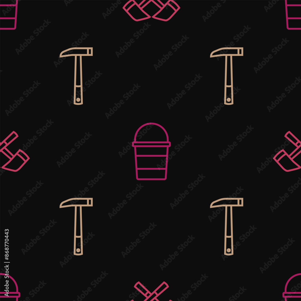 Poster set line firefighter axe, and bucket on seamless pattern. vector