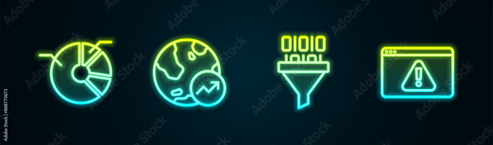 Poster set line pie chart infographic, financial growth, binary code and browser with exclamation mark. glo