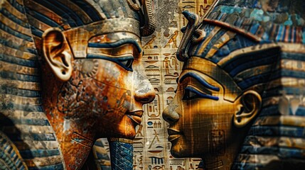 Old Egyptian papyrus with pharaoh and queen