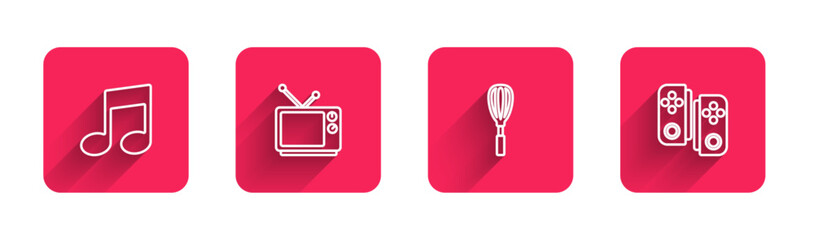 Set line Music note, tone, Retro tv, Kitchen whisk and Gamepad with long shadow. Red square button. Vector
