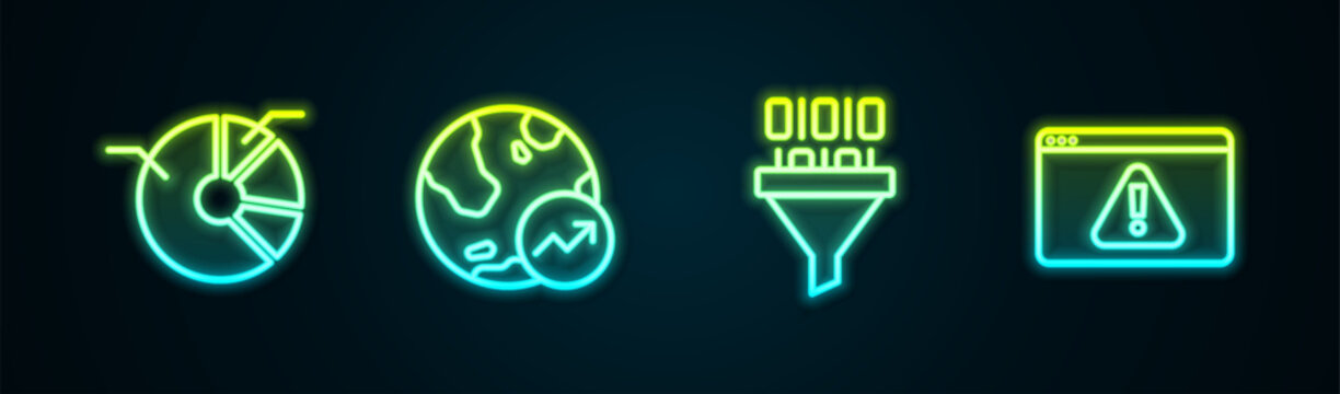 Set line Pie chart infographic, Financial growth, Binary code and Browser with exclamation mark. Glowing neon icon. Vector