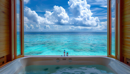 Fototapeta premium Luxury beautiful interior design on beach resort, window view from bathroom on clear blue sea, summer vacation on Maldives