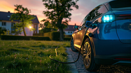 An electric car charging against the backdrop of a beautiful house and garden during sunset