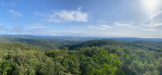Beautiful green forest panoramic landscape on a blue sky in Costa Brava, Girona