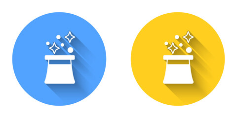 White Magician hat icon isolated with long shadow background. Magic trick. Mystery entertainment concept. Circle button. Vector