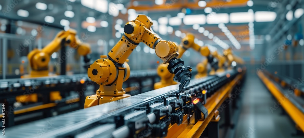 Aufkleber yellow robotic arms working on production line in a modern automated factory