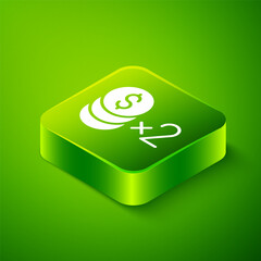 Isometric Casino chip with dollar symbol icon isolated on green background. Casino gambling. Green square button. Vector