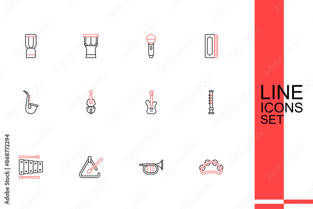 Sticker Set line Tambourine, Trumpet, Triangle musical instrument, Xylophone, Flute, Electric bass guitar, Violin and Saxophone icon. Vector