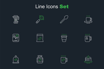 Set line Piece of cake, Coffee cup, jar bottle, Bag coffee beans, Cup tea with bag, to go, and machine icon. Vector