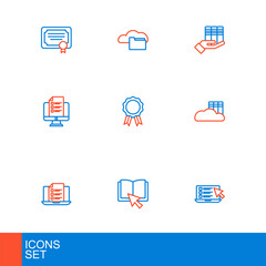 Set line Online quiz, test, survey, book, Cloud or online library, education with diploma, Book donation and icon. Vector