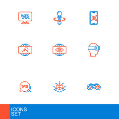 Set line Gamepad, 3d modeling, Virtual reality, glasses, Wide angle picture, Big brother electronic eye, and VR controller game icon. Vector