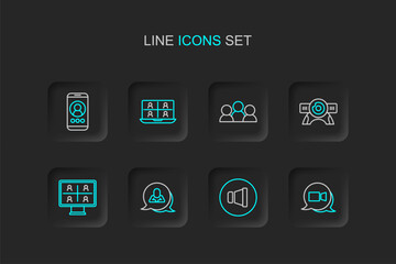 Set line Video chat conference, Speaker volume, Speech bubble, Web camera, Meeting, and icon. Vector