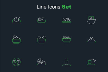 Set line Traditional tea ceremony, Cup of, Xiao long bao, Kung Pao chicken, Rice in bowl, Asian noodles, Wonton and with fish icon. Vector