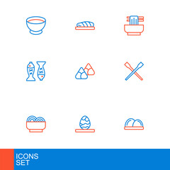 Set line Sushi, Chinese tea egg, Asian noodles bowl, Food chopsticks, Served fish on plate, Zongzi bamboo steamer, and Fish steak icon. Vector