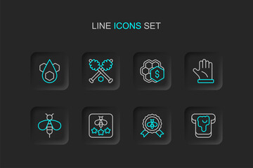 Set line Bread with honey, Best bee, Type of, Bee, Beekeeper glove, Sale honeycomb, Honey dipper stick and Honeycomb icon. Vector