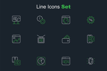 Fototapeta premium Set line Diamond, Page with 404 error, Market analysis, Advertising, Wallet money, and icon. Vector