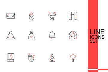 Set line Christmas star, tree, stocking, book, wreath, ringing bell, Santa Claus bag gift and hat icon. Vector