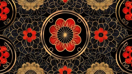 Elegant floral pattern with ornate golden and red abstract designs.