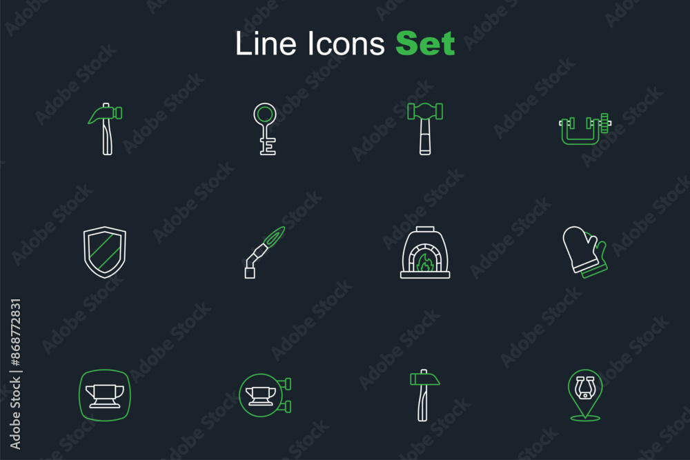 Sticker Set line Horseshoe, Hammer, Blacksmith anvil tool, Protective gloves, oven, Welding torch and Shield icon. Vector