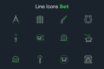 Set line Blacksmith oven, anvil tool, Hammer, Anvil and hammer, Horseshoe, and Rasp metal file icon. Vector