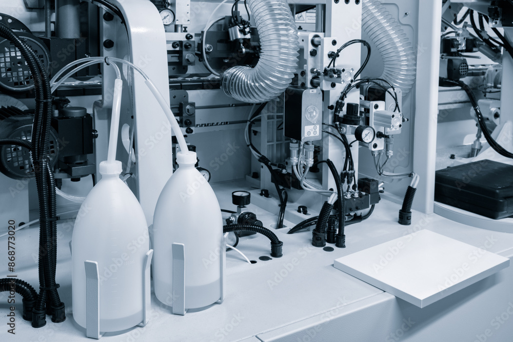 Poster two white bottles of glue are on the table next to the machine. the machine is surrounded by wires a