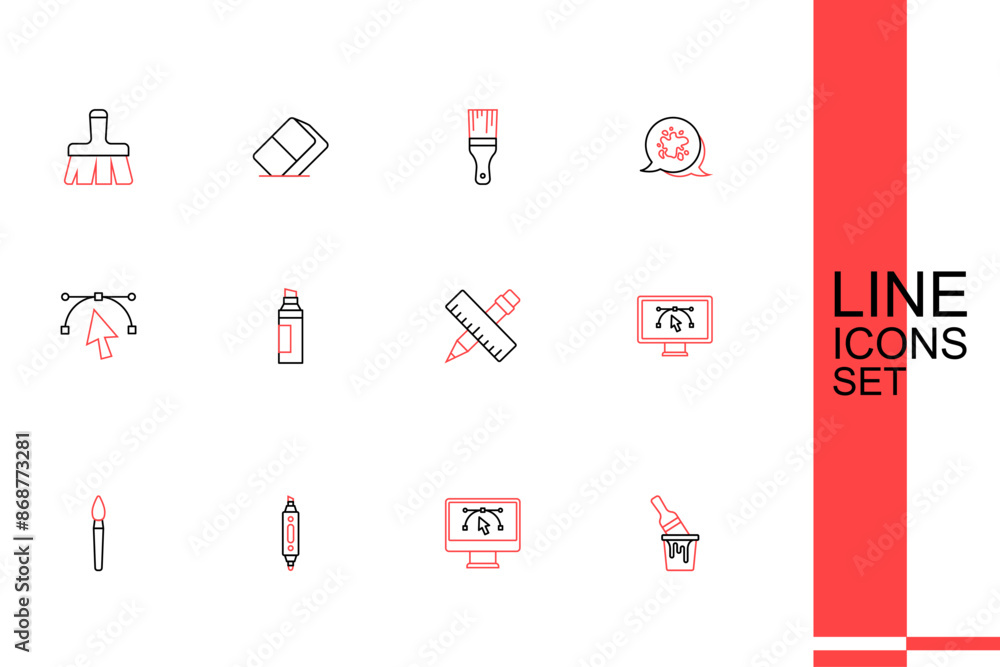 Poster set line paint bucket with brush, computer design program, marker pen, crossed ruler and pencil, and