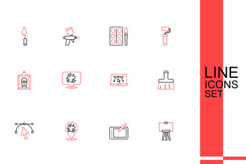 Set line Wood easel, Graphic tablet, Paint spray, Bezier curve, brush, Computer with design program, and Picture icon. Vector