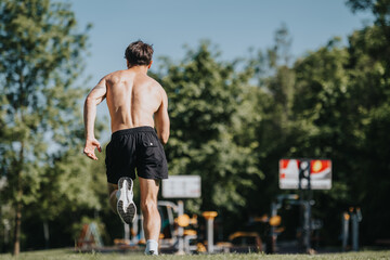 A shirtless athlete is running in an urban park on a sunny day, concentrating on physical fitness and outdoor exercise.