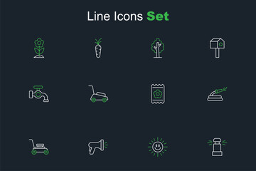 Set line Automatic irrigation sprinklers, Sun, Garden hose, Lawn mower, Pack full of seeds, and Water tap icon. Vector
