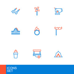 Set line Circus tent, Fast street food cart, Ice cream in waffle, Paper mustache on stick, Roller coaster, fire hoop, Cannon and Pinwheel toy icon. Vector