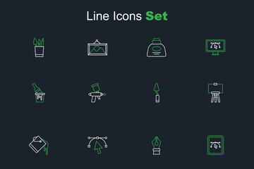 Set line Computer with design program, Fountain pen nib, Bezier curve, Paint bucket, Wood easel, Palette knife, spray gun and brush icon. Vector