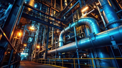 Fototapeta premium Industrial interior with pipes and machinery under warm lighting.